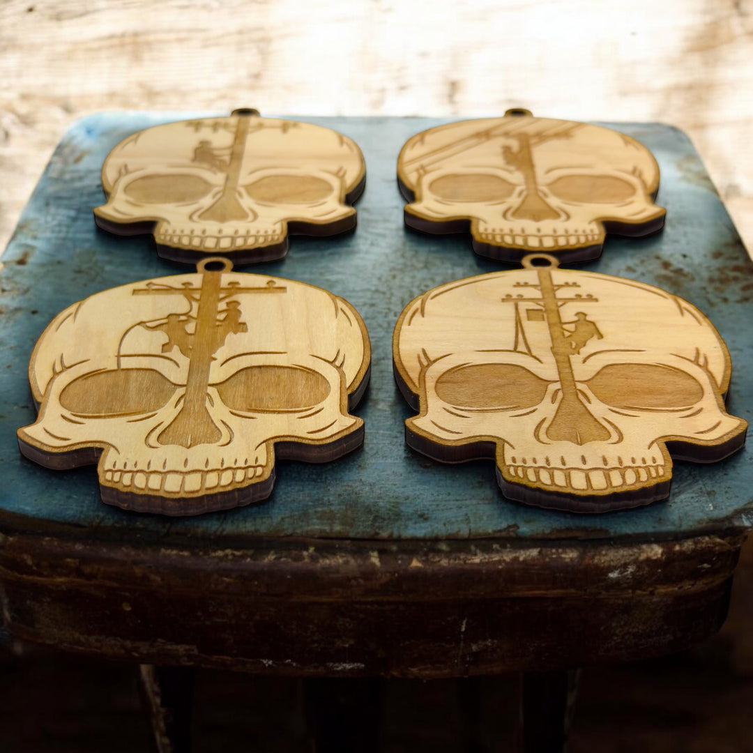 Ornament - Lineman Skulls - Set of 4 - Raw Wood 3x3in Ornament - Lineman Skulls - Set of 4 - Raw Wood 3x3in