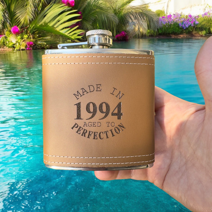 6oz Made in 1994 Aged to Perfection Leather Flask