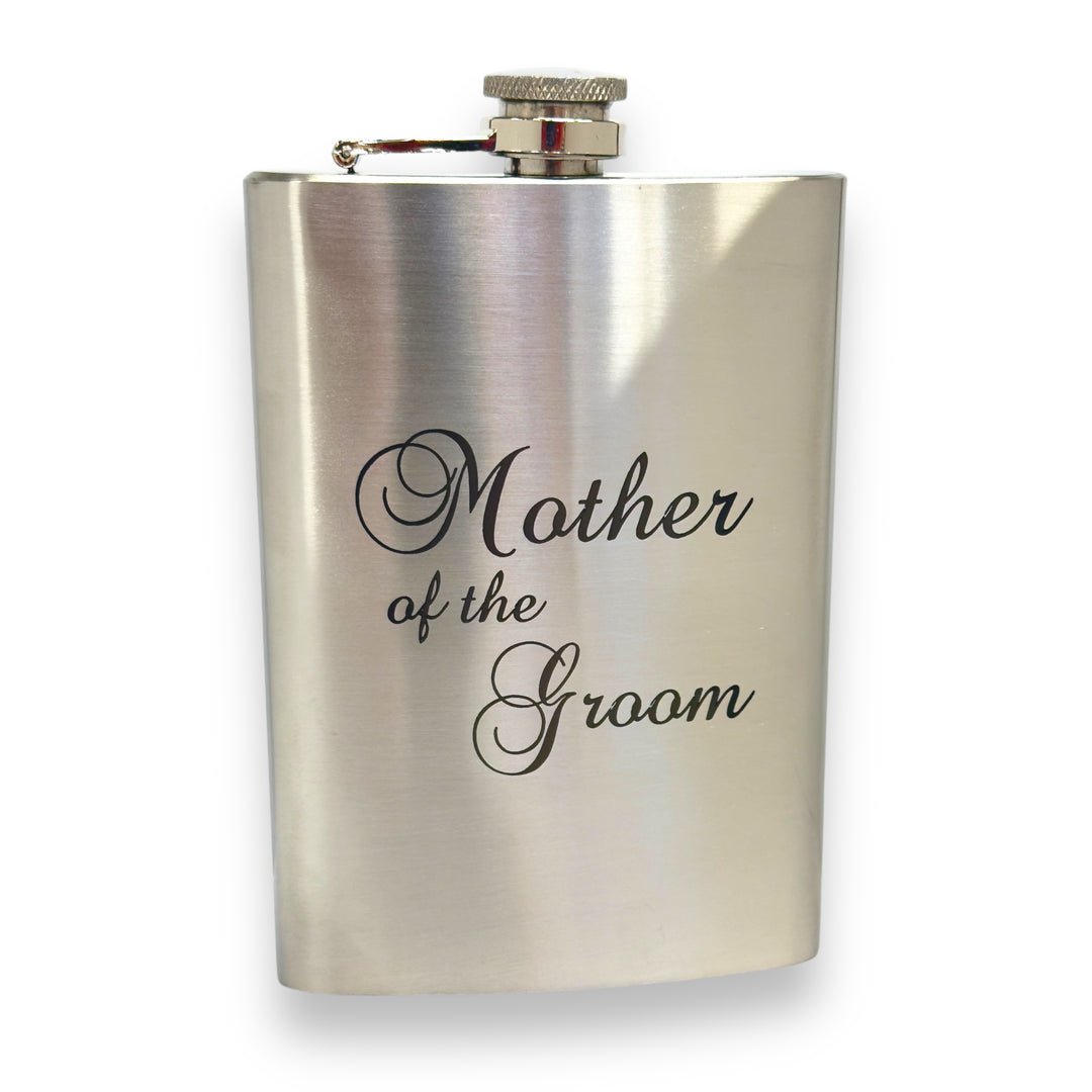 HipFlaskPlus 8oz stainless steel hip flask engraved with Mother of the Groom