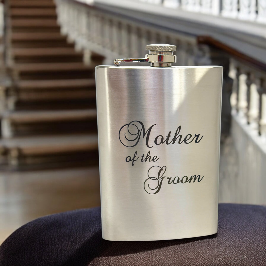 HipFlaskPlus 8oz stainless steel hip flask engraved with Mother of the Groom on stairs