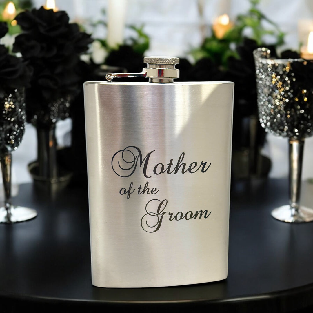 HipFlaskPlus 8oz stainless steel hip flask engraved with Mother of the Groom at a wedding reception