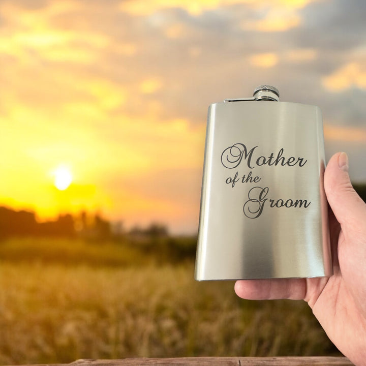 HipFlaskPlus 8oz stainless steel hip flask engraved with Mother of the Groom at sunset