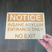 Insane Asylum Entrance only no exit Sign 7X10