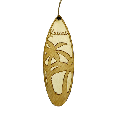 Ornament - Kauai Palm Tree Surfboard - Raw Wood Maple