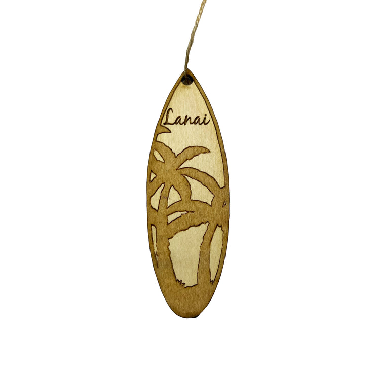 Ornament - Lanai Palm Tree Surfboard - Raw Wood Maple