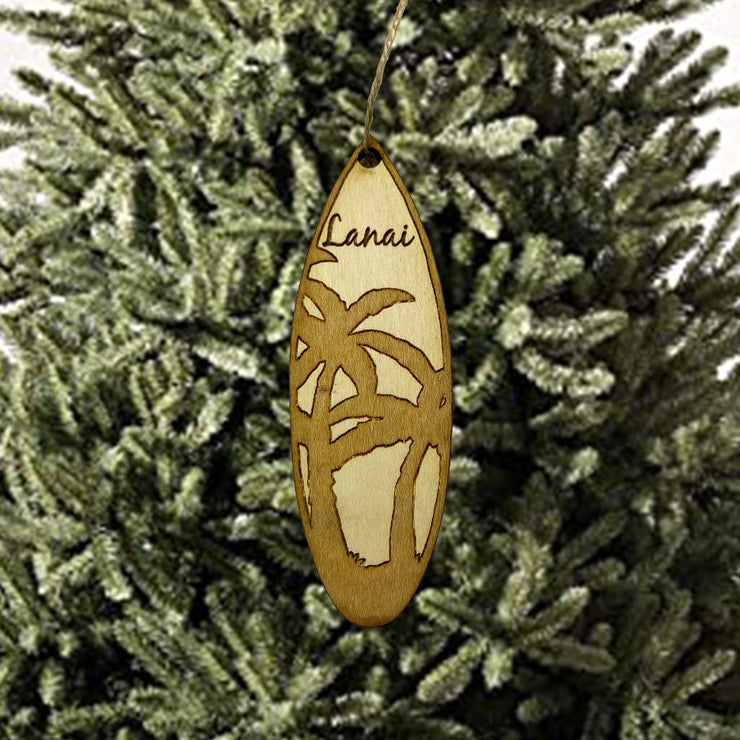 Ornament - Lanai Palm Tree Surfboard - Raw Wood Maple