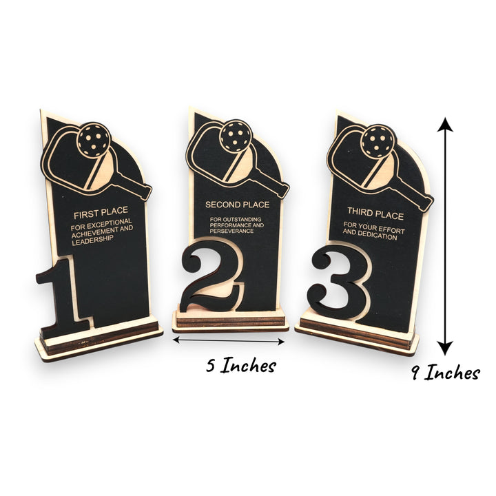 HipFlaskPlus custom Pickleball trophy awards for 1st 2nd and 3rd place with size measurements 9 x 5 inches