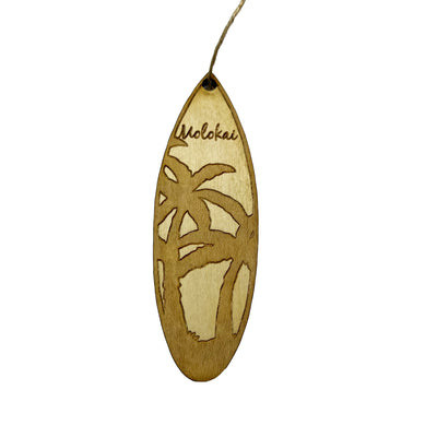 Ornament - Molokai Palm Tree Surfboard - Raw Wood Maple