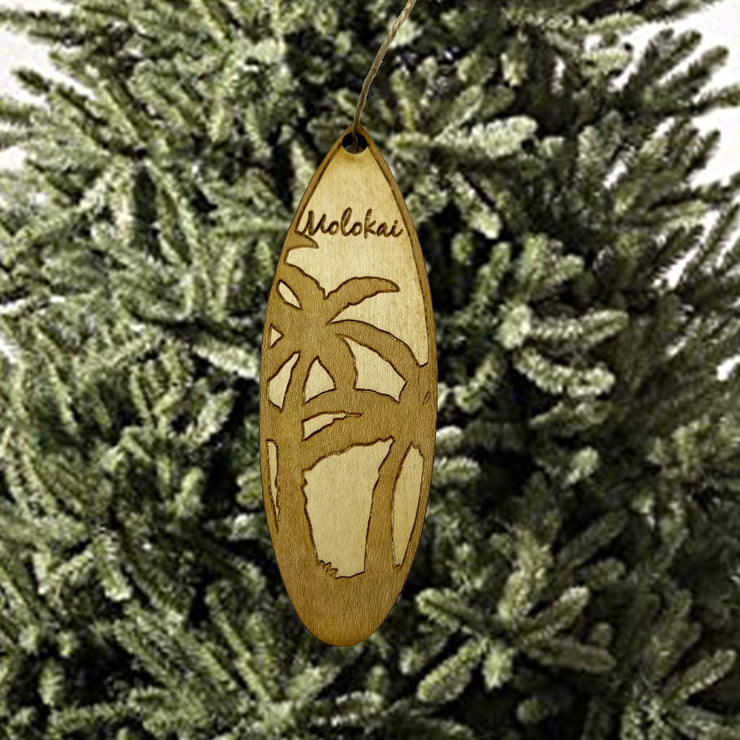 Ornament - Molokai Palm Tree Surfboard - Raw Wood Maple