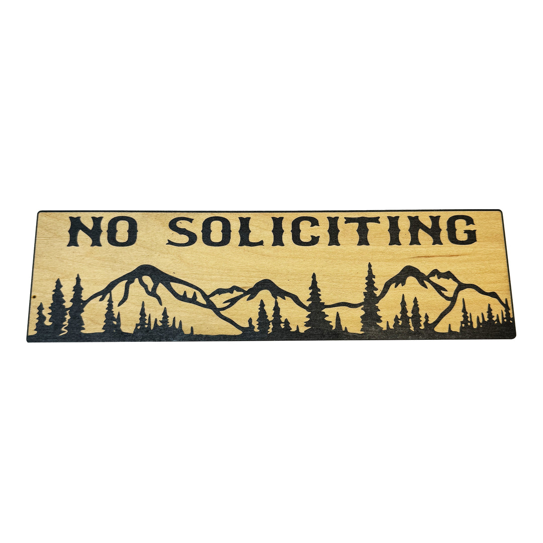 HipFlaskPlus No Soliciting mountain scene black and natural wood sign