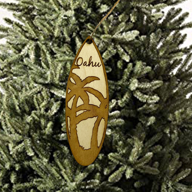 Ornament - Oahu Palm Tree Surfboard - Raw Wood Maple