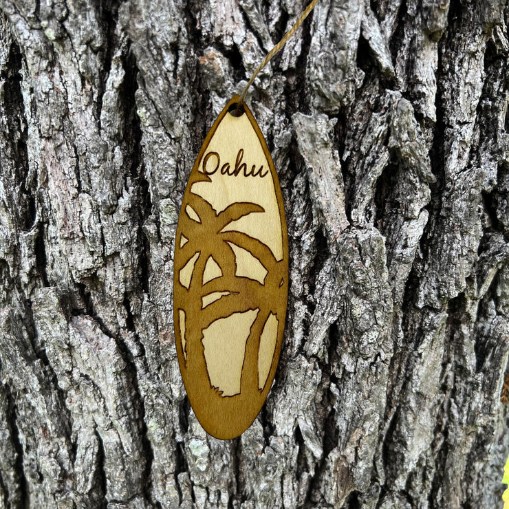 Ornament - Oahu Palm Tree Surfboard - Raw Wood Maple