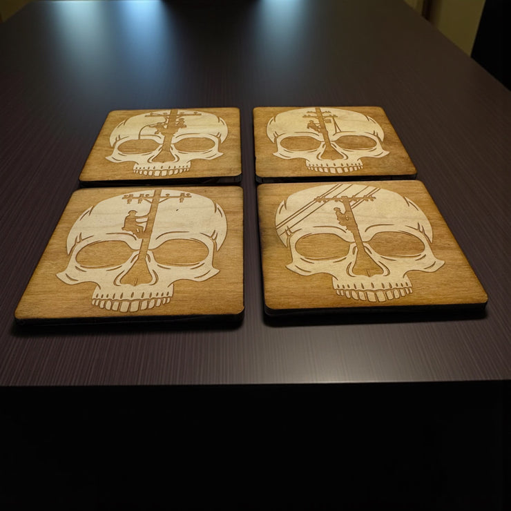 Lineman Skulls Coaster Set of 4 Raw Wood