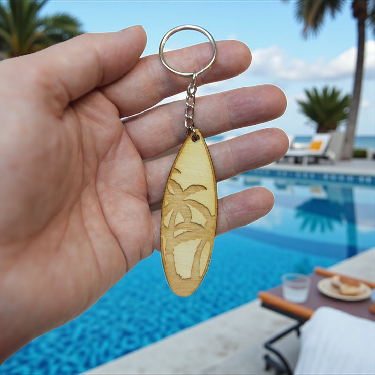 Keychain - Palm Tree Surfboard  - Birch wood