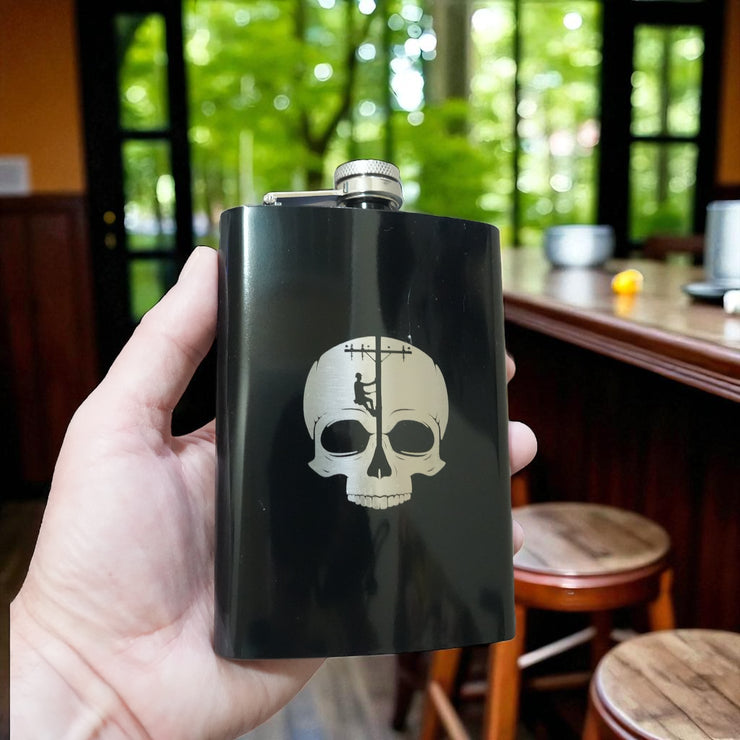 8oz BLACK Lineman Skull Flask