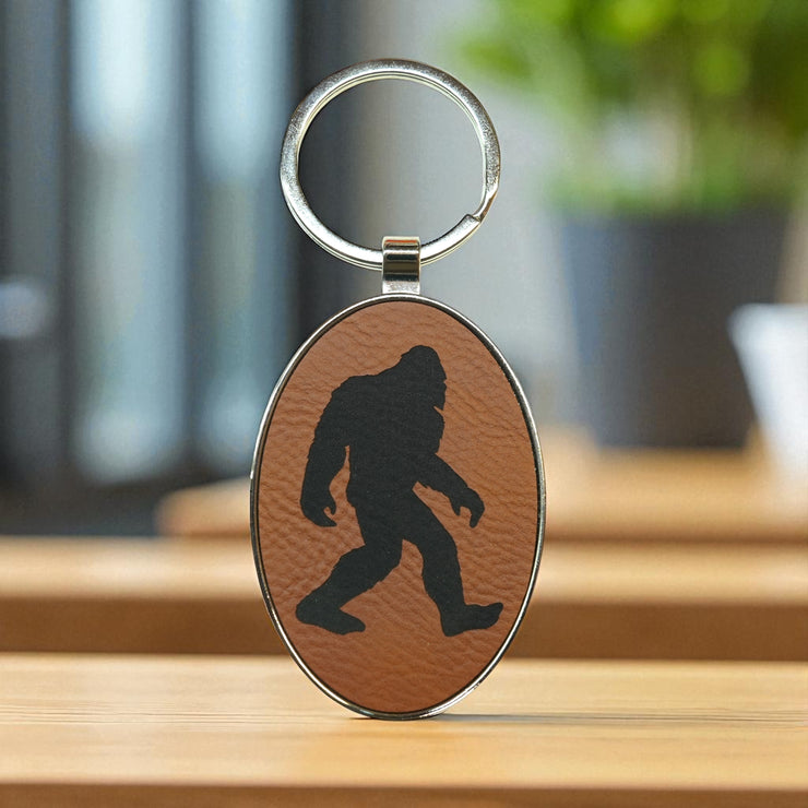 Keychain - Oval/Metal - Bigfoot Sasquatch - Leather