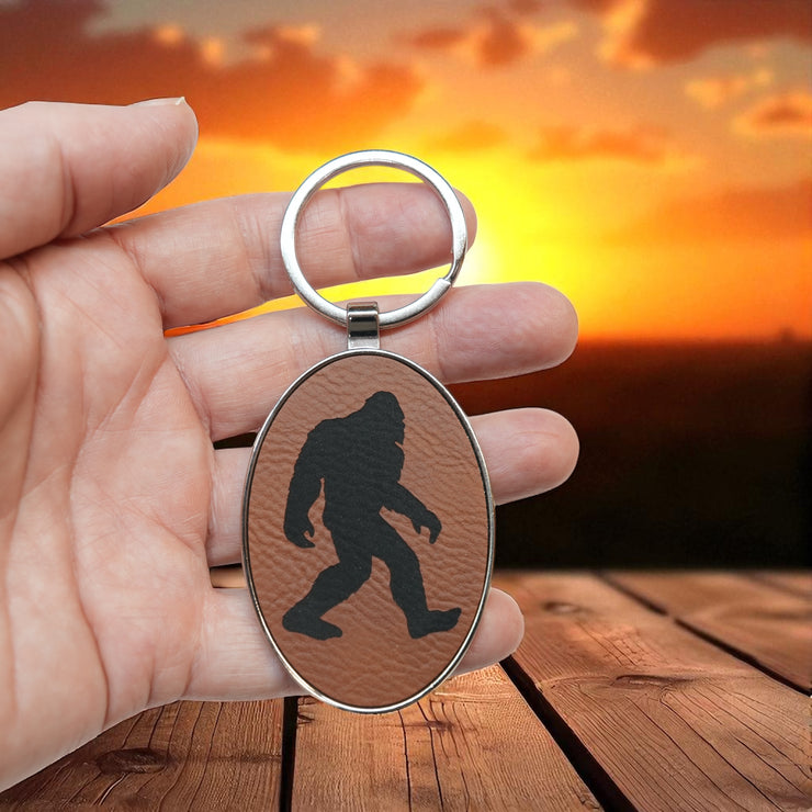 Keychain - Oval/Metal - Bigfoot Sasquatch - Leather