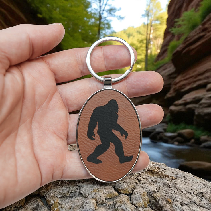 Keychain - Oval/Metal - Bigfoot Sasquatch - Leather