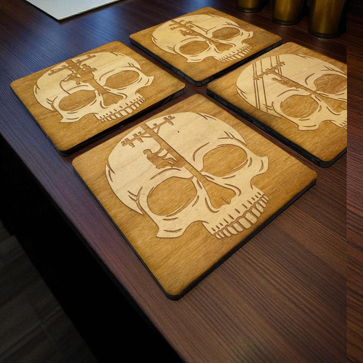 Lineman Skulls Coaster Set of 4 Raw Wood