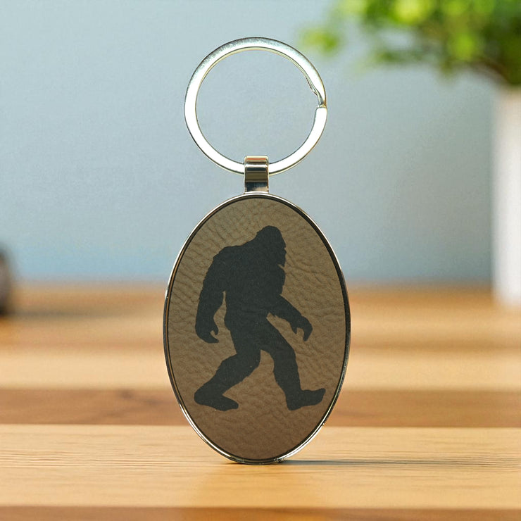 Keychain - Oval/Metal - Bigfoot Sasquatch - Leather