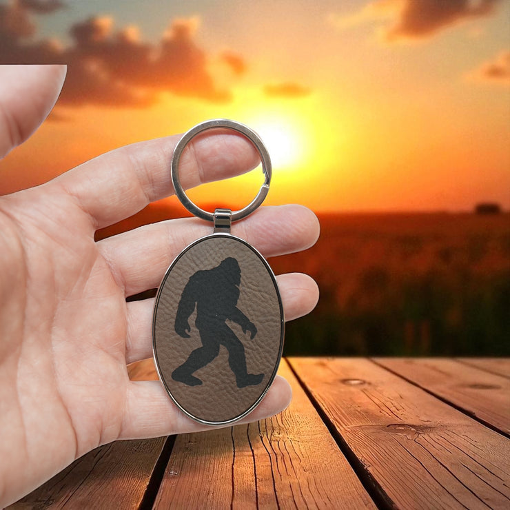 Keychain - Oval/Metal - Bigfoot Sasquatch - Leather