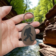 Keychain - Oval/Metal - Bigfoot Sasquatch - Leather