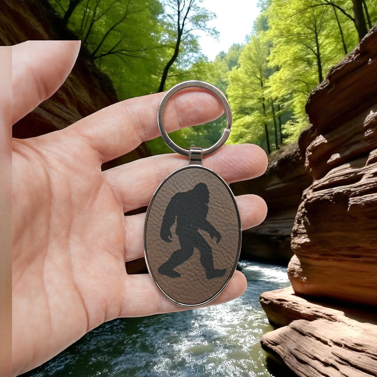 Keychain - Oval/Metal - Bigfoot Sasquatch - Leather