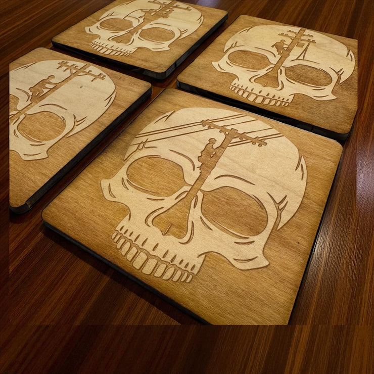 Lineman Skulls Coaster Set of 4 Raw Wood