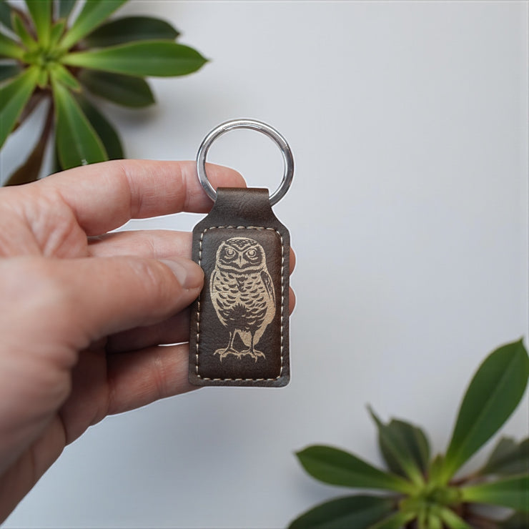 Keychain - Rectangle - Burrowing Owl - Leather