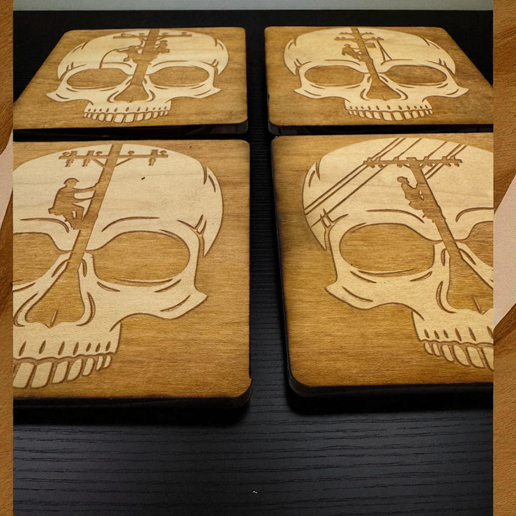 Lineman Skulls Coaster Set of 4 Raw Wood