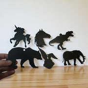 Ornament - Black - Animal Silhouette Set of 6 - T-rex, Elephant, Unicorn, Horse, Bear, Rabbit