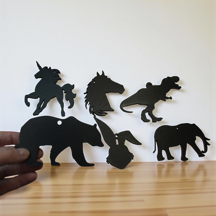 Ornament - Black - Animal Silhouette Set of 6 - T-rex, Elephant, Unicorn, Horse, Bear, Rabbit