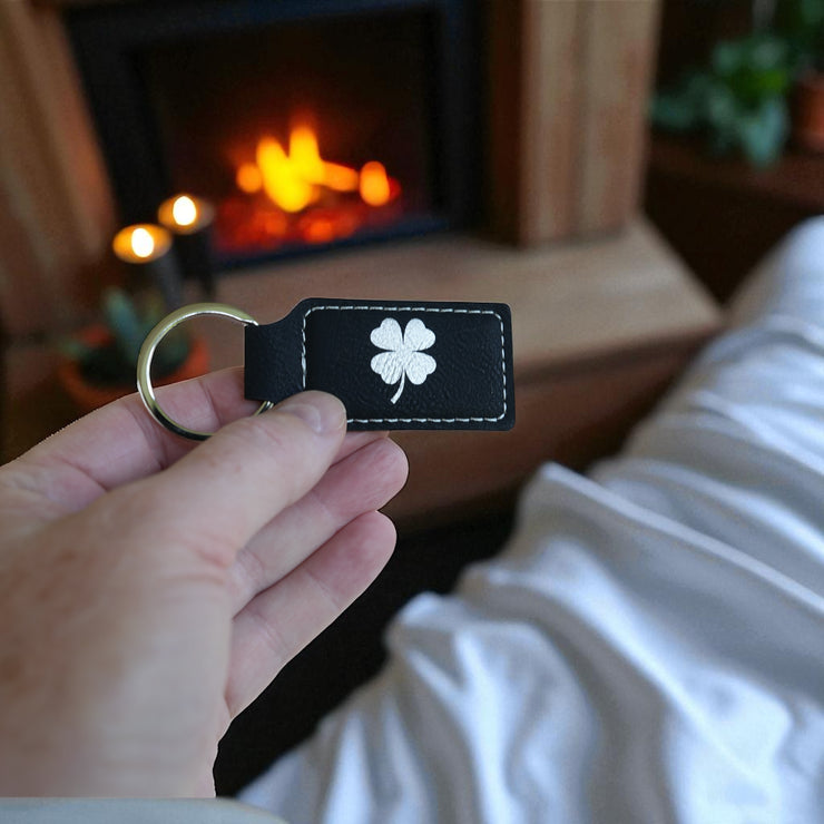 Keychain - Rectangle - 4 Leaf Clover - Leather - Irish