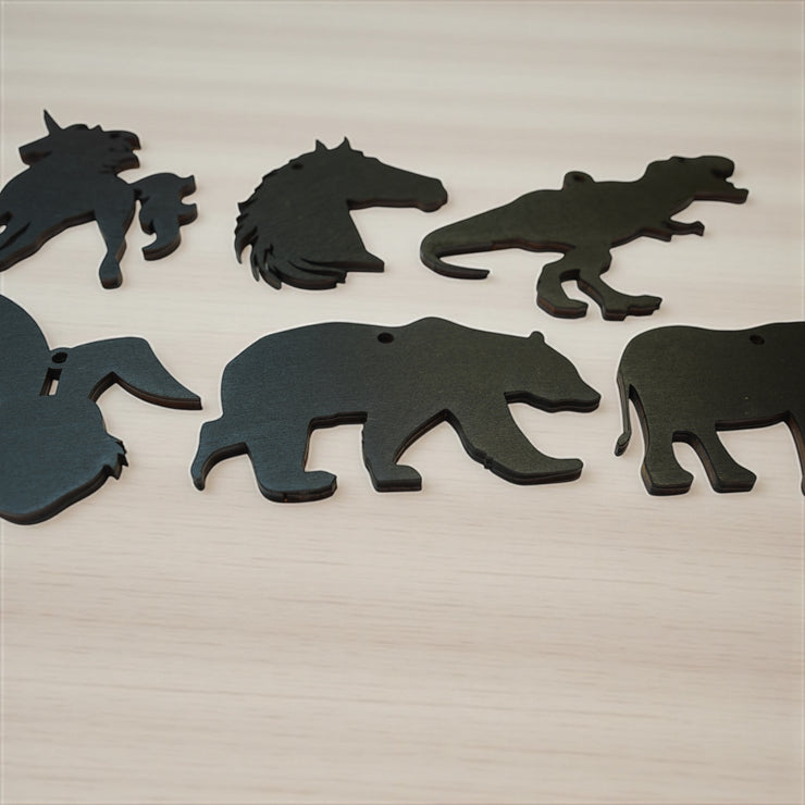 Ornament - Black - Animal Silhouette Set of 6 - T-rex, Elephant, Unicorn, Horse, Bear, Rabbit