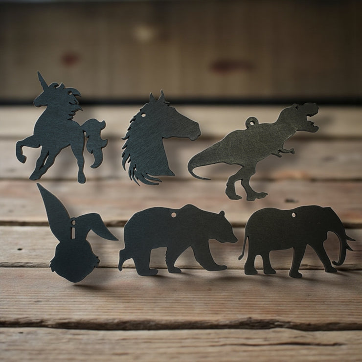 Ornament - Black - Animal Silhouette Set of 6 - T-rex, Elephant, Unicorn, Horse, Bear, Rabbit