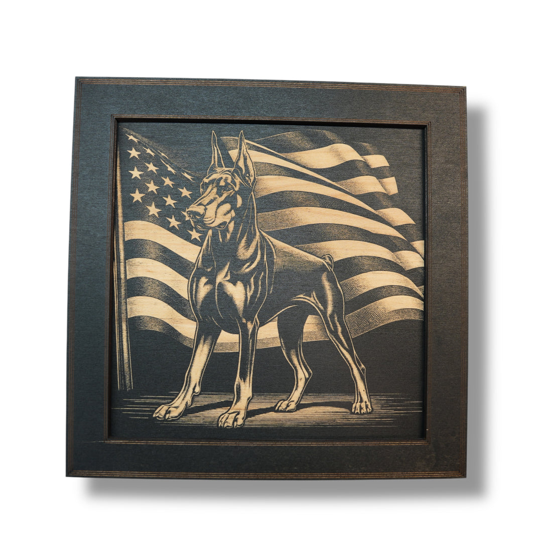 HipFlaskPlus Doberman and American flag engraved wood wall art in a black frame