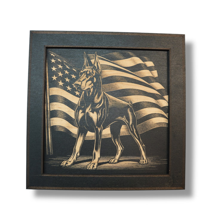 HipFlaskPlus Doberman and American flag engraved wood wall art in a black frame
