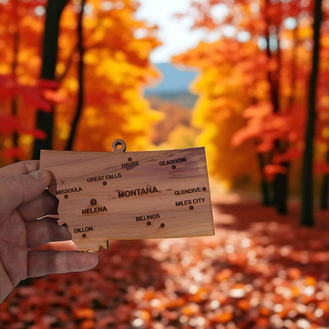 Hand holding a HipFlaskPlus custom Montana state ornament with cities in an autumn forest