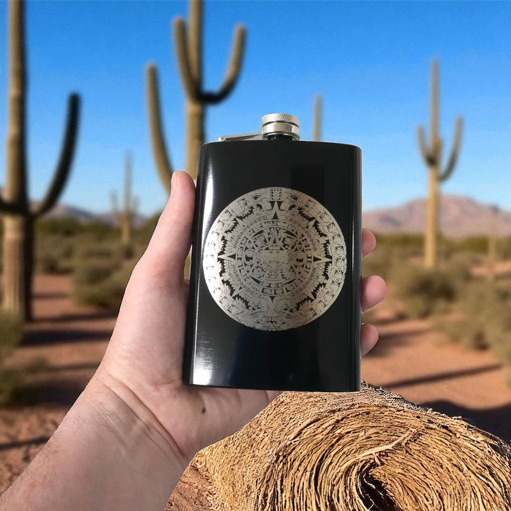 8oz BLACK Mayan Calendar Flask