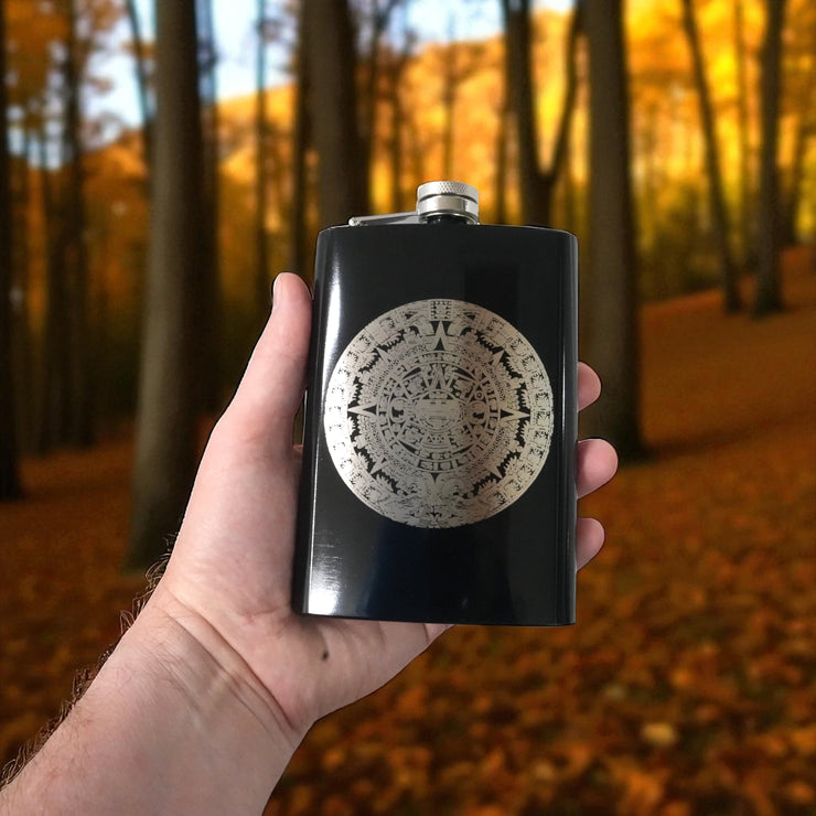 8oz BLACK Mayan Calendar Flask