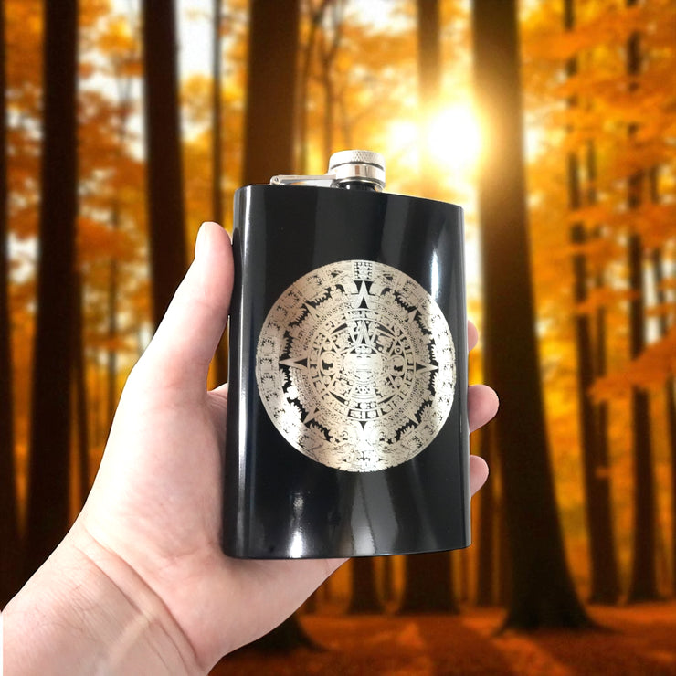 8oz BLACK Mayan Calendar Flask