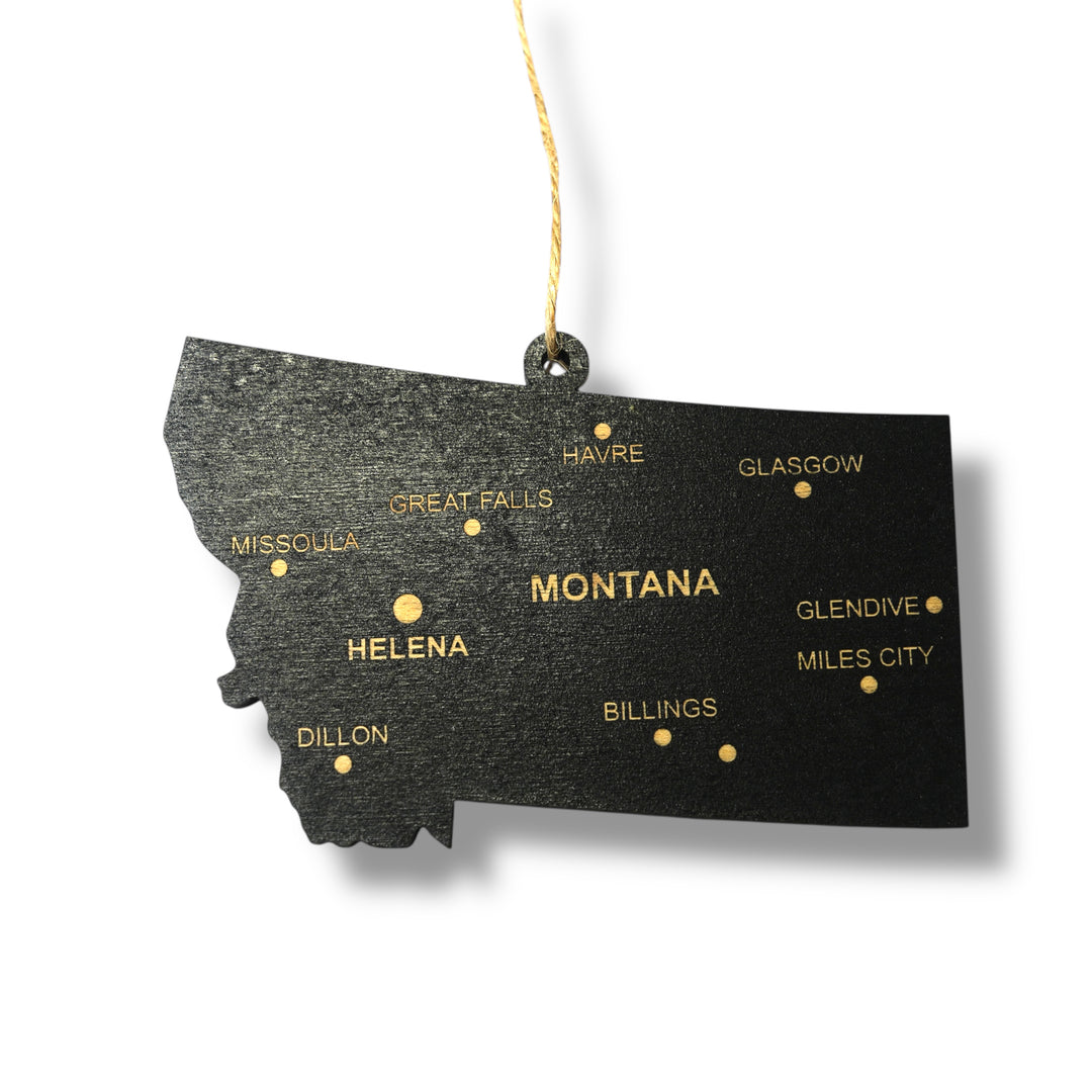HipFlaskPlus black wood custom Montana state ornament with cities