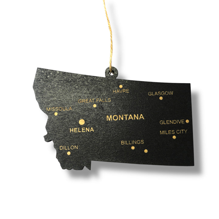 HipFlaskPlus black wood custom Montana state ornament with cities