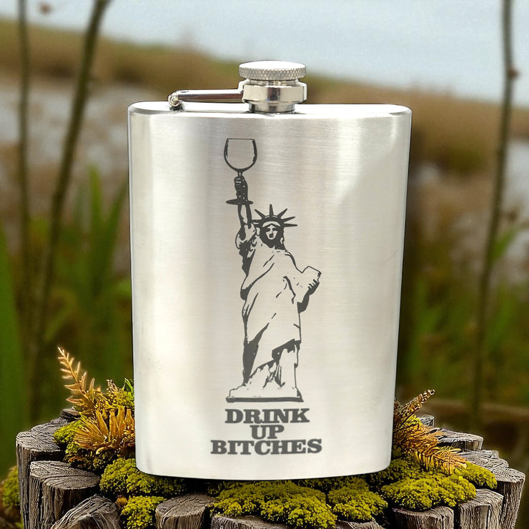 8oz Drink Up Bitches - Statue of Liberty Stainless Steel Flask