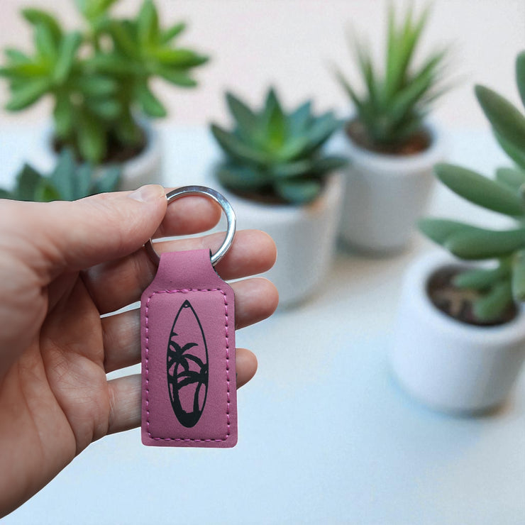 Keychain - Rectangle - Palm Tree Surfboard - Leather