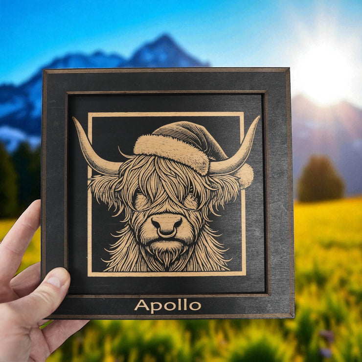 Framed Art - PERSONALIZED - CUSTOM - Highland Cow with Santa Hat