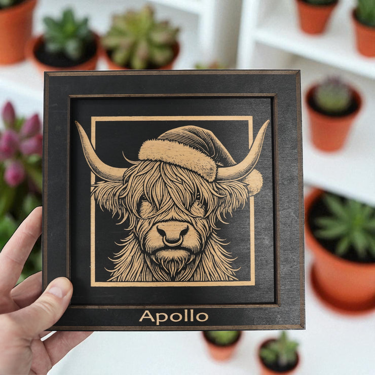 Framed Art - PERSONALIZED - CUSTOM - Highland Cow with Santa Hat