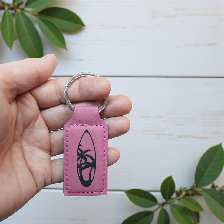 Keychain - Rectangle - Palm Tree Surfboard - Leather