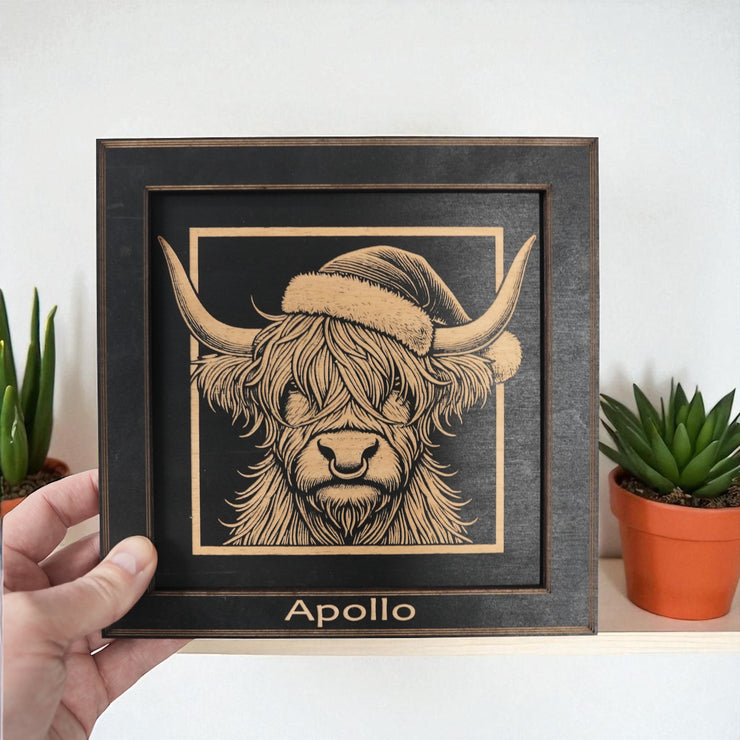 Framed Art - PERSONALIZED - CUSTOM - Highland Cow with Santa Hat