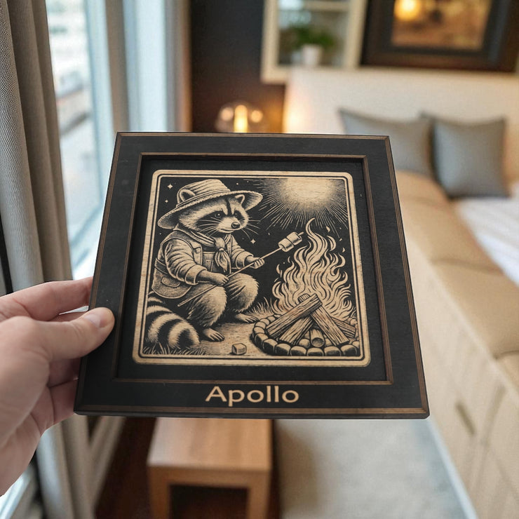 Framed Art - PERSONALIZED - CUSTOM - Raccoon Campfire